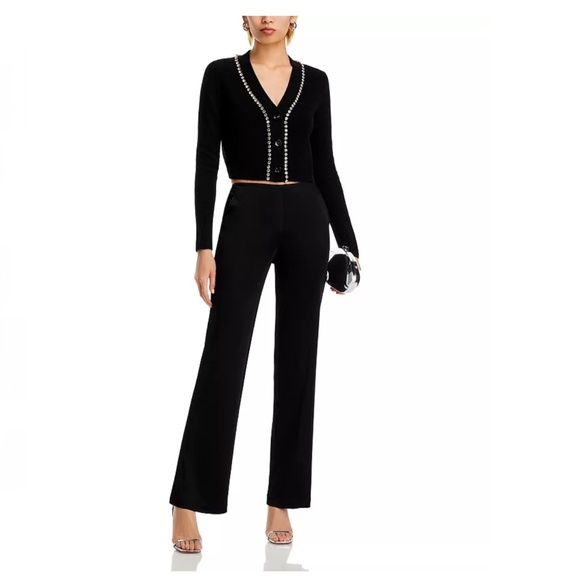 Luxurious 100% Cashmere V Neck Cardigan with Rhinestone Detail By Aqua in Black - Picture 2 of 7